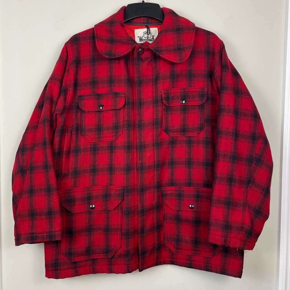 Woolrich Buffalo Plaid Wool Cruiser Jacket Mens 44 Red Insulated Chore Barn Warm